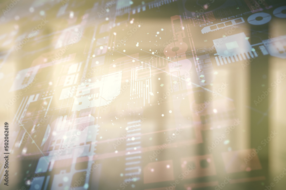 Fototapete multi exposure of abstract software development hologram on empty modern office background, research
