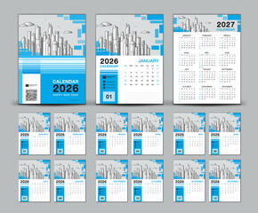 Calendar 2026 design set and blue cover calendar 2026 template, Week starts Sunday, Wall calendar 2027 year, set desk calendar design, planner, printing, poster, advertisement, vector eps10