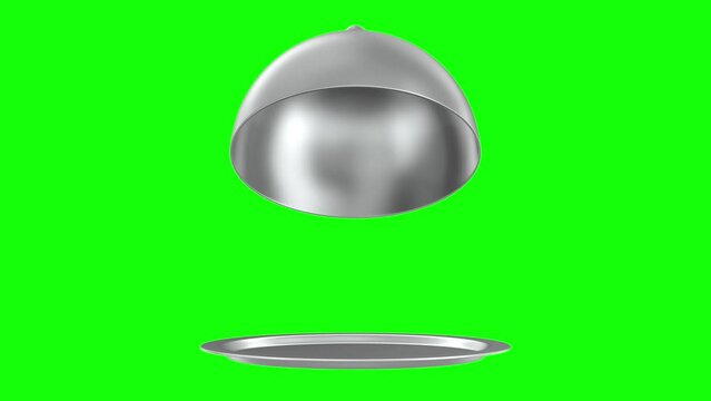 open metallic cloche on green background. Isolated 3d illustration