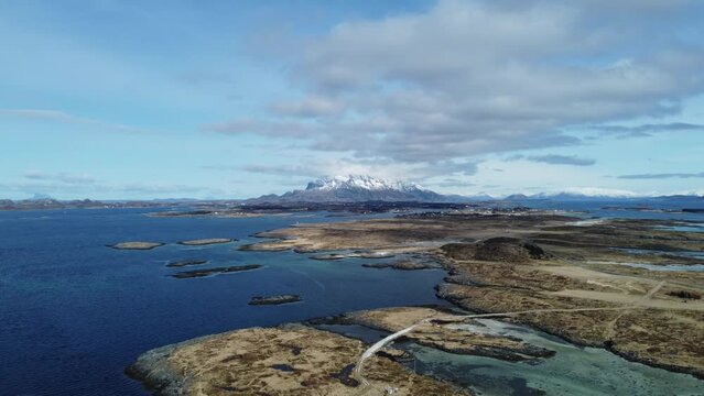 majestic sea, mountain and island view from the island of Heroy in nordland giving a small view of the massive archipelago and the diverse landscape of the region