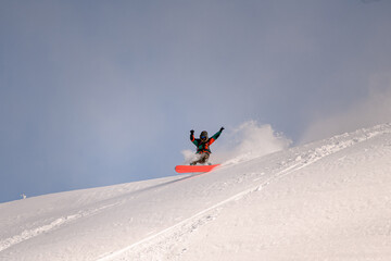 active snowboarder in bright overalls slides down the mountain on splitboard on powdery snow