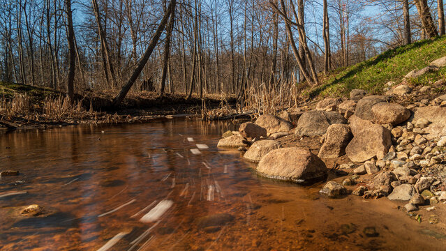 A Steady Stream Of Water In The Creek And Stones.