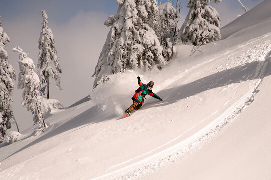 Young athletic snowboarder in bright multicolored overall riding down on splitboard splashing snow