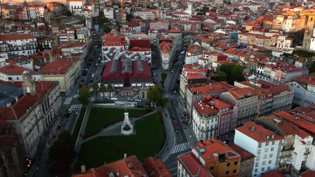 Drone flight along the street near the hurch Of St Francis in Porto.