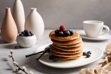 Pancakes sur une assiette couvert des fruits: framboise, myrtille