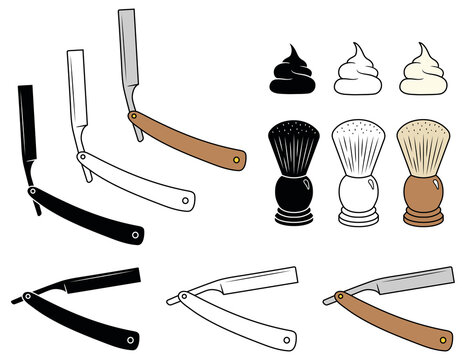 Vintage Straight Razor, Shaving Brush and Cream Clipart Set - Outline, Silhouette and Color