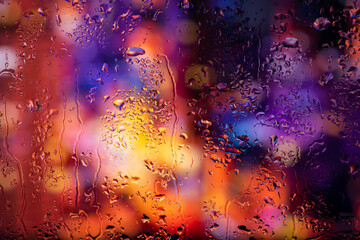 Rain drops and condensation on the window glass against the background of the night city