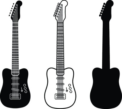 Electric Guitar Clipart Set - Outline, Stamp and Silhouette
