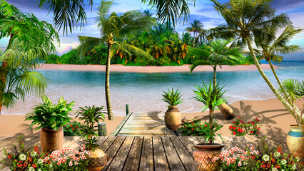 Sea, palm trees, ocean. Vacation on a tropical island, Photo Wallpapers. - obrazy, fototapety, plakaty