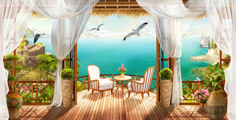 Digital printing. Relax on the terrace with sea view. Photo Wallpaper, Mural.