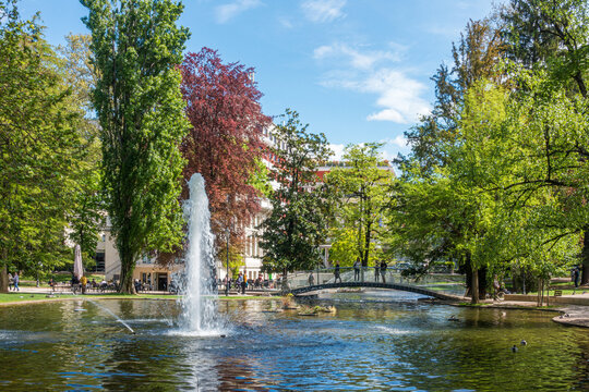 Public garden of Piazza Dante in Trento during spring time. Trentino Alto Adige, northern Italy.