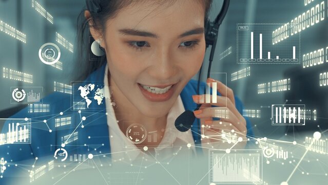 Customer support call center provide data with envisional graphic . Business and communication technology concept .
