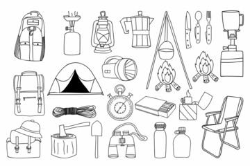 Camping concept illustrations collection. Hand drawn camping icon collection. Doodle camp icons set