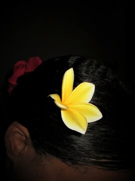 Fleur de tiar&eacute; jaune et blanche d&eacute;corant une chevelure brune m&eacute;tisse 