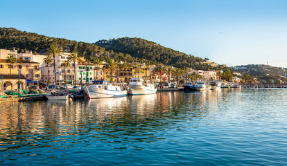 Mallorca, Port d'Andratx. View of the embankment and ships - obrazy, fototapety, plakaty