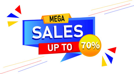 'Mega Sales up to 70%' sales banner, in a trendy style. Isolated on a white background. Vector Illustration. 