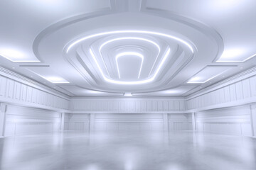 Empty convention hall center .The backdrop for exhibition stands,booth elements. Meeting room for the conference.Big room for entertainment,concert,event,trade show,wedding.ballroom luxury.3d render.