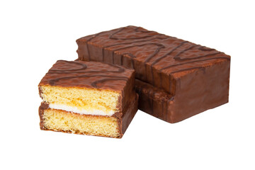 Biscuit cake with cream filling glazed chocolate isolated on the white