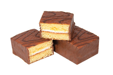 Biscuit cake with cream filling glazed chocolate isolated on the white