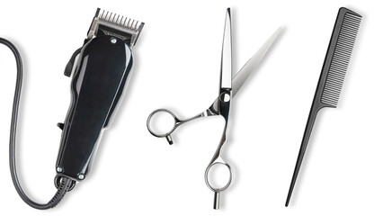 Hair clipper, Scissors, comb. Professional barber hair clipper and shears for Man haircut. Hairdresser salon equipment. Premium hairdressing Accessories. Top view flat lay isolated on white background - obrazy, fototapety, plakaty