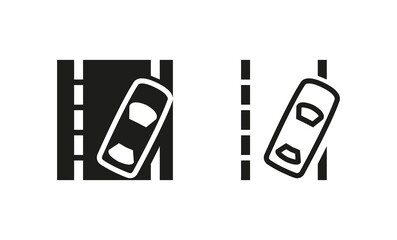Car lane departure warning icon. silhouette and linear original logo. Simple outline style sign symbol. Vector illustration isolated on white background. EPS 10.