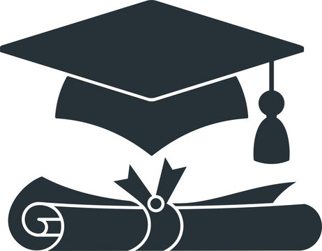 Graduation black logo. University graduate cap with diploma.
