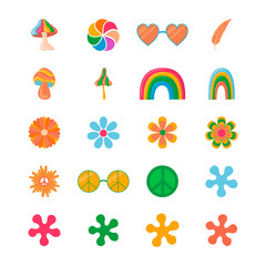1970 hippie boho style elements vector isolated collection