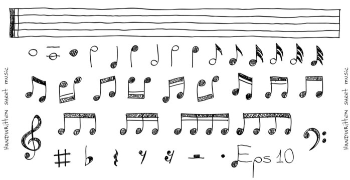 Musical note icons hand-drawn in sketchy style, music symbols and signs, set. Vector illustration