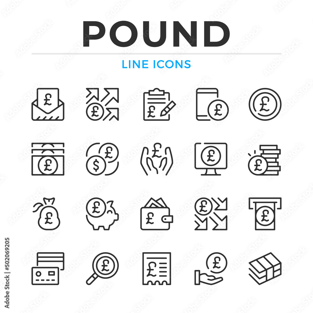 Poster pound line icons set. modern outline elements, graphic design concepts, simple symbols collection. v