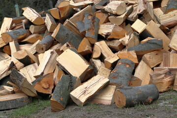 A pile of chopped firewood. Preparing for winter. Cut logs fire hardwood. Heating. Expensive energy.