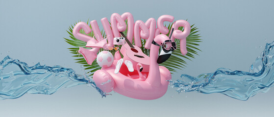 Summer season concept blue background. Flamingo inflatable toy in scuba diving goggles and guitar, bikini, sandals, film camera,  sunglasses, palm tree, and baby jump splashing water. 3d rendering