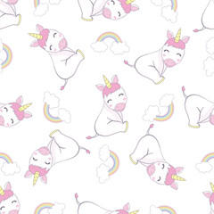 seamless pattern with cartoon unicorns, rainbows, clouds, decor elements on a neutral background. Colorful vector flat style for kids.