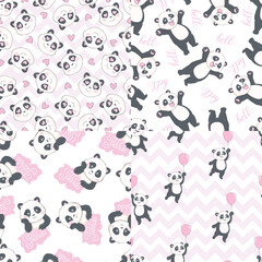 Obraz na płótnie Canvas Set of greeting card and seamless pattern with hand drawn cute pandas and hearts for Valentine's Day, Mother's Day, Father's Day, birthday, wedding.