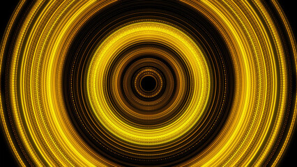 Shining golden rings in pulsating motion on black background, seamless loop. Animation. Abstract yellow shimmering circles beating endlessly.