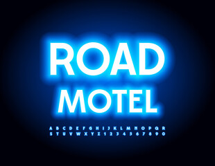 Vector glowing sign Road Motel. Blue illuminated Font. Neon light Alphabet Letters and Numbers set