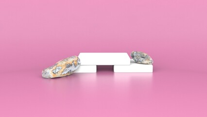 Minimal white cube podium with stone modern product display stand  pink studio set rock 3d rendering