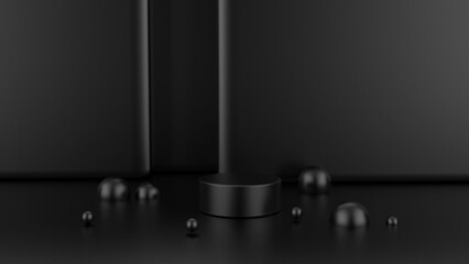 black podium product display set with black shape background 3d rendering