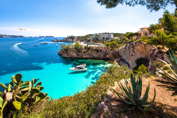 Mallorca, Cala Noelia. View of the sea and rocks from the high shore. Majorca, Balearic Islands,...