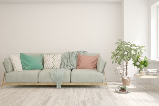 White living room with sofa. Scandinavian interior design. 3D illustration