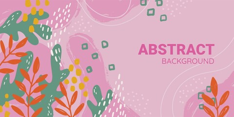 Summer Horizontal abstract Banner with different Shapes and Leaves. Colorful hand drawn background. Vector cover