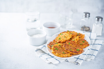 Sweet potato hash browns with sauce in a plate
