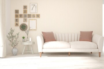 White living room with sofa. Scandinavian interior design. 3D illustration