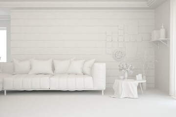 Fototapeta na wymiar White minimalist living room with sofa. Scandinavian interior design. 3D illustration