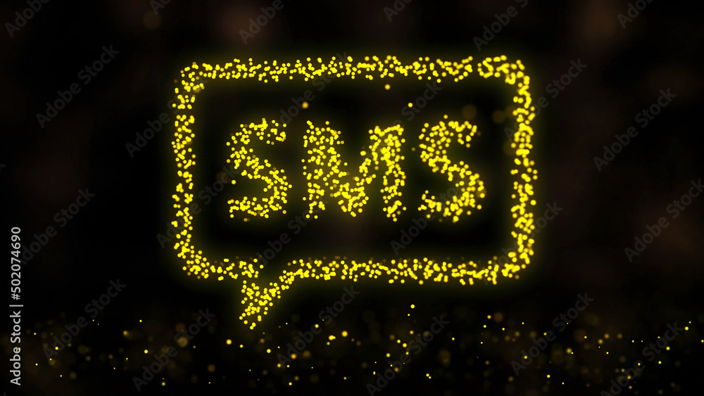 Poster animation of flying flickering particles form a mailing sign or message symbol on dark background wi