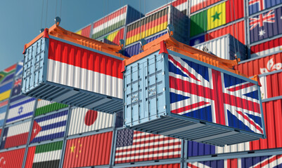 Cargo containers with United Kingdom and Indonesia national flags. 3D Rendering