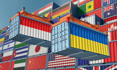 Cargo containers with Ukraine and Indonesia national flags. 3D Rendering