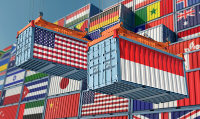 Cargo containers with USA and Indonesia national flags. 3D Rendering