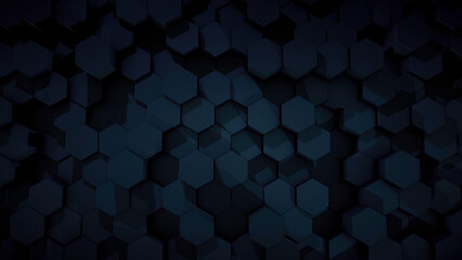 Top view of abstract hexagonal rods moving up and down chaotically, seamless loop. Animation. Dark blue geometrical figures stacked in rows.