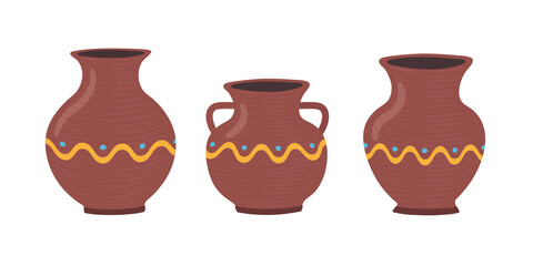 A set of ceramic vase and jug. Pottery. Vector illustration.