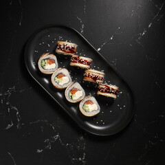 Sushi set canada roll with eel. Sushi menu. Japanese food.